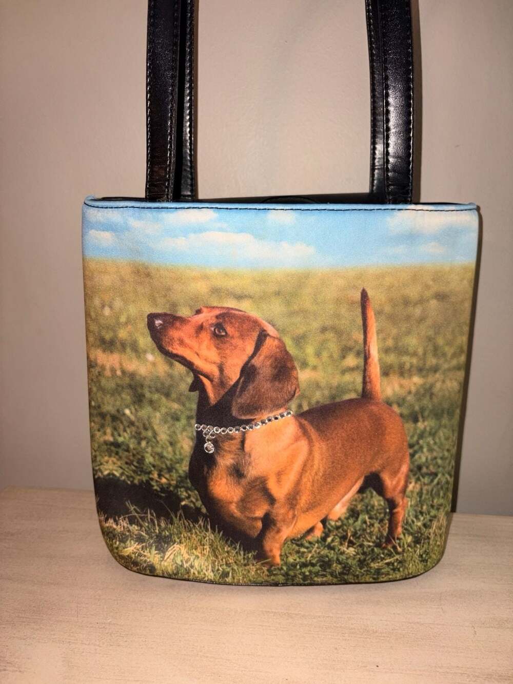 Vintage LIFE Magazine Dachshund Dog Photo Print Tote Bag with Rhinestone Collar